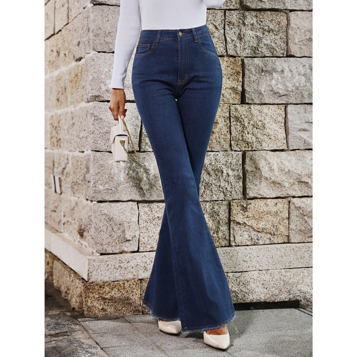 GUJI—191 High-Waisted Spring And Autumn New Style Flared Wide-Leg Elastic Slimming Patchwork Denim Bell-Bottom Pants Fashion teacher clothes