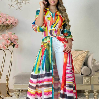 GUJI—244 2024 New Colorful Printed Tie-Waist Long Shirt Dress - Loose Open Cardigan Maxi Dress