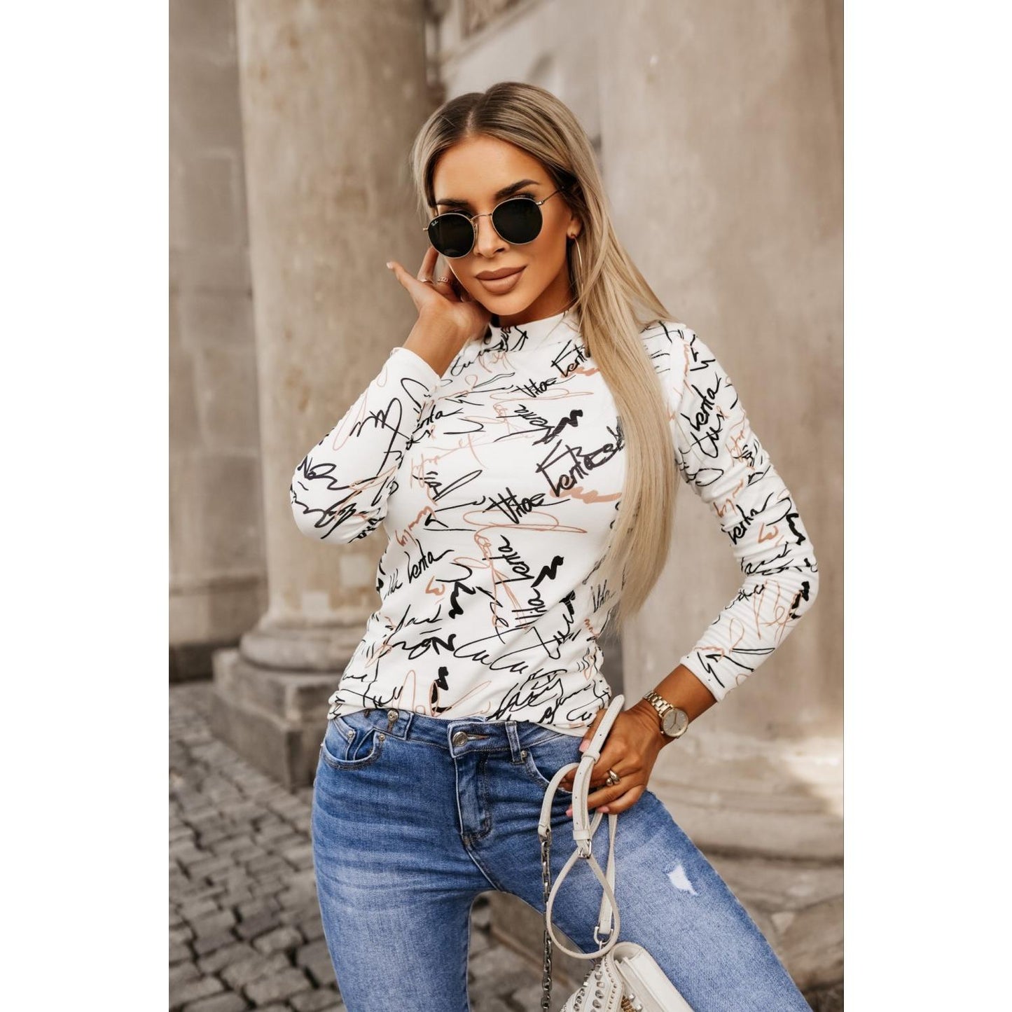 GUJI—-112 New Autumn/Winter Slim Fit Long Sleeve Top With Printfashion Solid Chic T-shirts