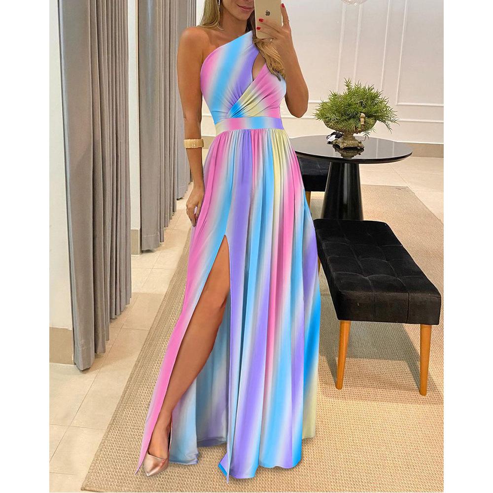 GUJI—326 New One-Shoulder Sleeveless Maxi Dress With High-Waisted Slit Design