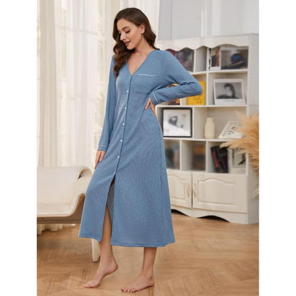 GUJI—270 Long-Sleeve Waffle Knit Nightdress For Women - Autumn/Winter Long Home Shirt Dress, Suitable For Outerwear Pajamas Sleepwear