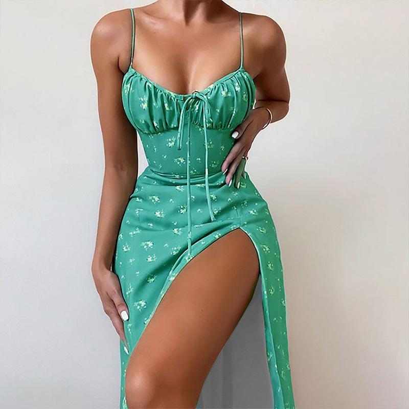 GUJI—8 Beautiful Elegant Fresh Floral Ruched Waist Spaghetti Strap Bustier Split Dress Outfit Tropical Pretty Dress Fashion halter regular casual dresses