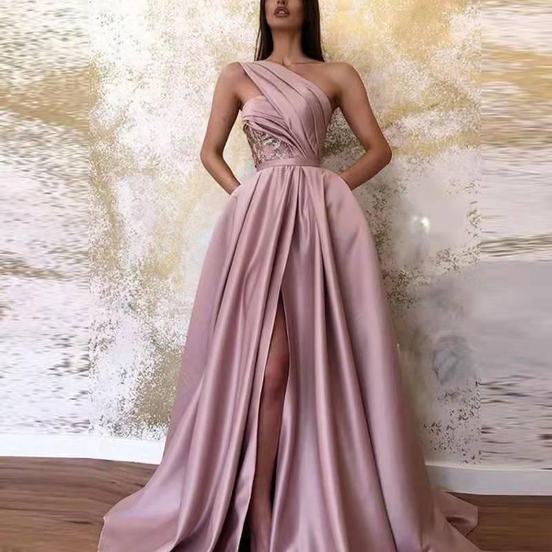 GUJI—255 Asymmetrical Shoulder Slit Evening Gown