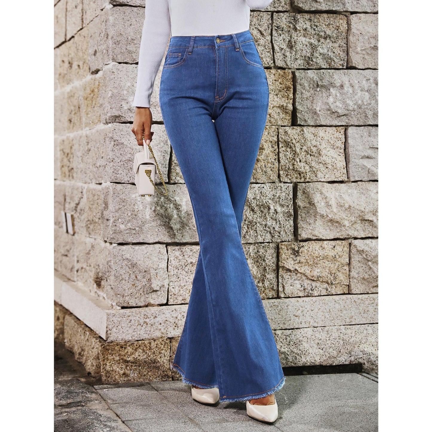 GUJI—191 High-Waisted Spring And Autumn New Style Flared Wide-Leg Elastic Slimming Patchwork Denim Bell-Bottom Pants Fashion teacher clothes