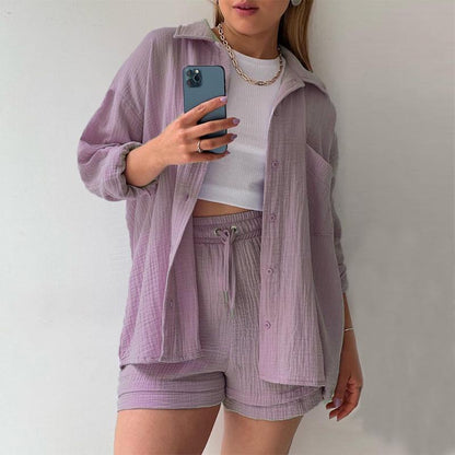 GUJI—42 Women's Three-Piece Set: Crinkled Fabric Long-Sleeve Shirt With Turn-Down Collar And High-Waist Drawstring Shorts, Plus-Size Fashionable Casual Outfit Linen Fashion