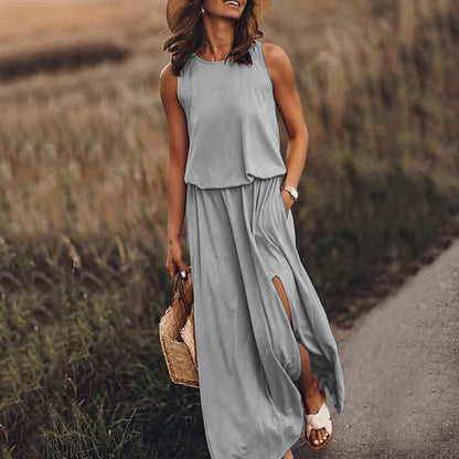 GUJI—331 Simple Sleeveless Round Neck Slit Dress