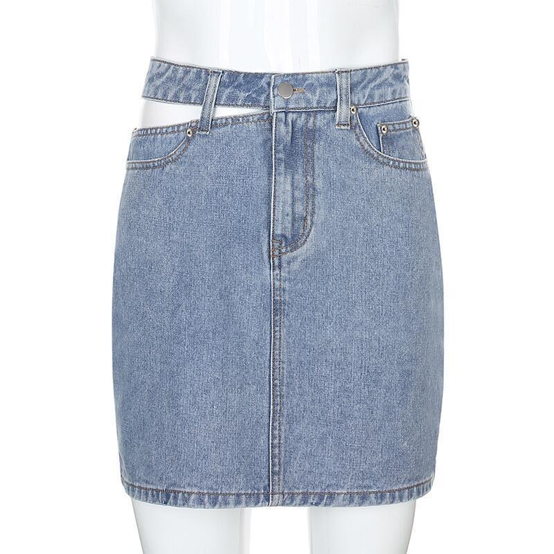 GUJI—-79 New Style Single Side Hollow Out Denim Half Skirt Cropped Denimfashion Distressed Denim Fitted Fashion Midi Skirt cropped denim wrangler jeans unisex pants