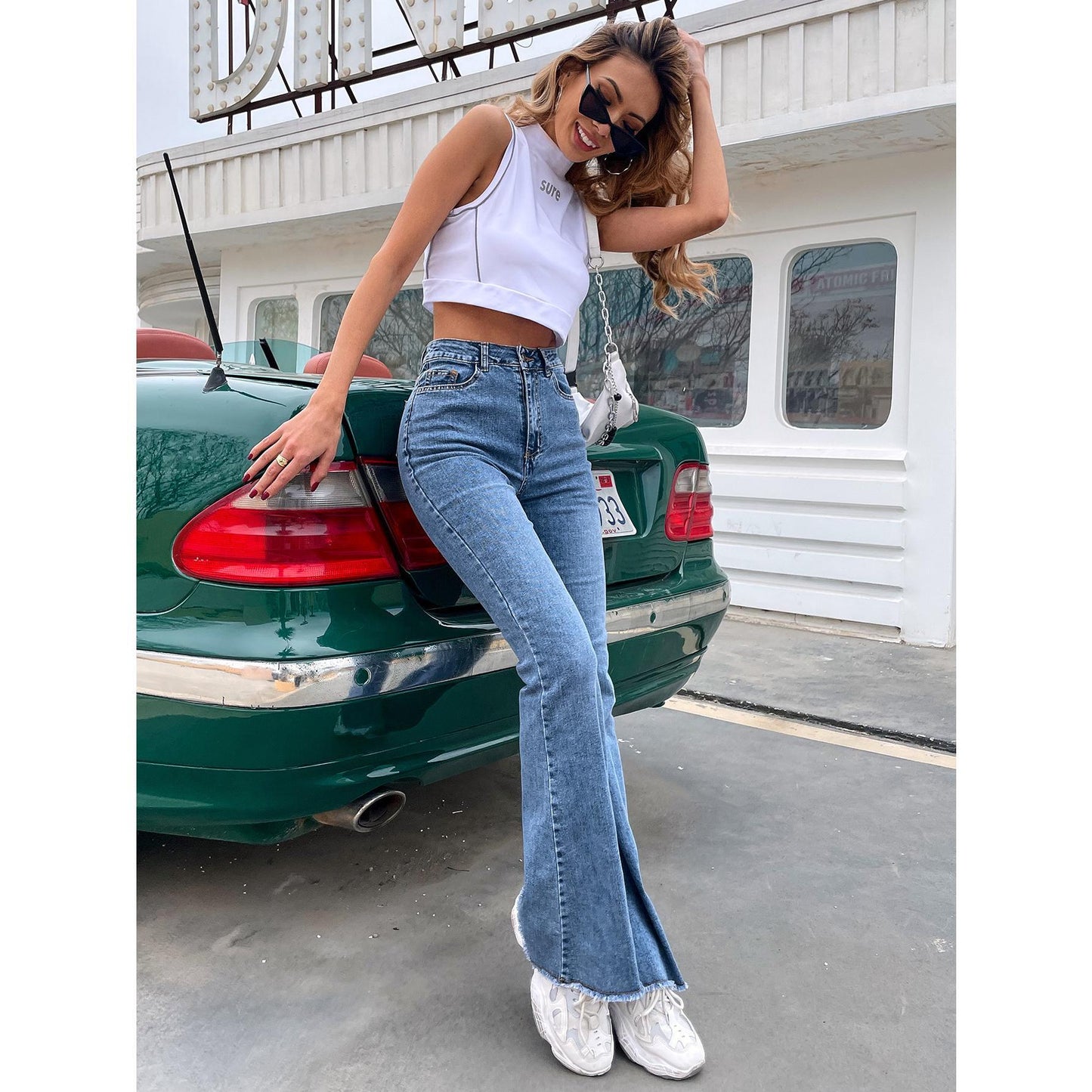 GUJI—191 High-Waisted Spring And Autumn New Style Flared Wide-Leg Elastic Slimming Patchwork Denim Bell-Bottom Pants Fashion teacher clothes