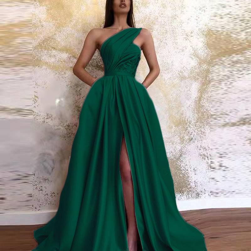 GUJI—255 Asymmetrical Shoulder Slit Evening Gown