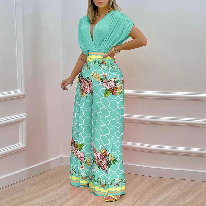 GUJI—291 New Ins-Inspired V-Neck Floral Print Wide-Leg Pants Fashion Casual Set