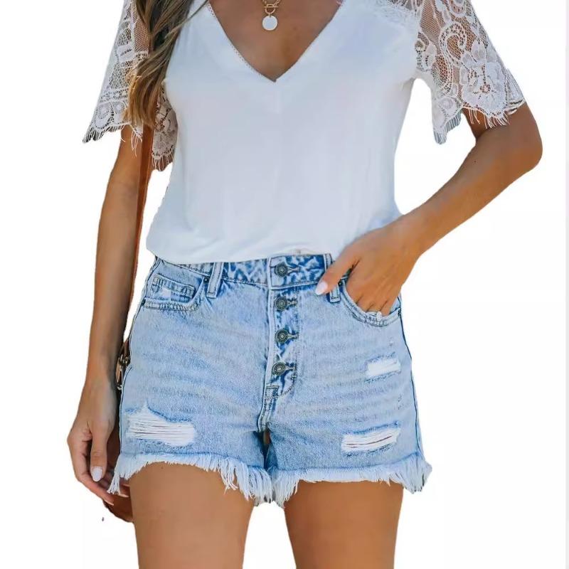 GUJI-- S-394 Mid-Rise Button-Fly Distressed Denim Shorts For Women