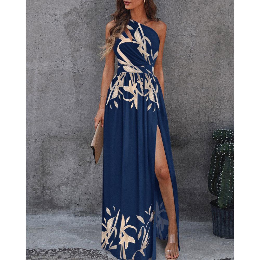 GUJI—326 New One-Shoulder Sleeveless Maxi Dress With High-Waisted Slit Design