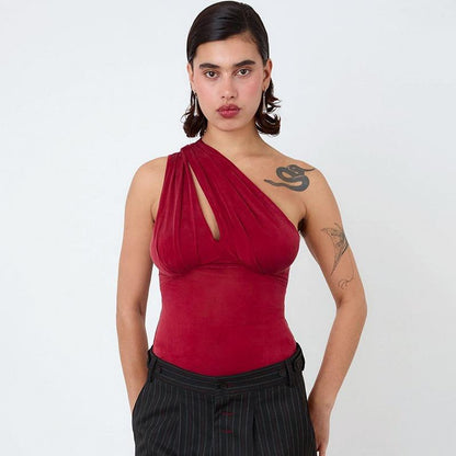 GUJI—373 Red One-Shoulder Ruched Cutout Slim Fit Top slim-fitting fashion halter solid