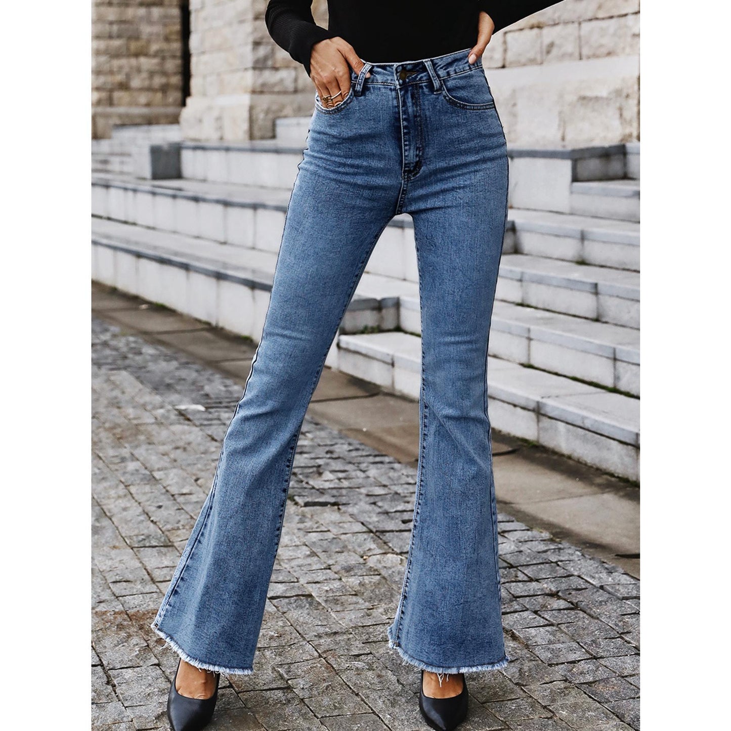 GUJI—191 High-Waisted Spring And Autumn New Style Flared Wide-Leg Elastic Slimming Patchwork Denim Bell-Bottom Pants Fashion teacher clothes