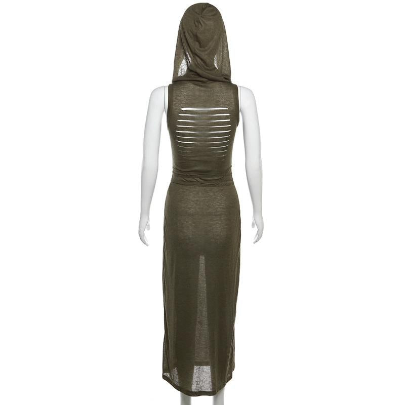 GUJI—250 Hooded Sleeveless Cutout Maxi Dress With Slits