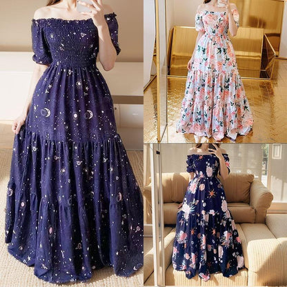 GUJI—397 Women's Off-Shoulder Fashionable Floral Print Long Dress