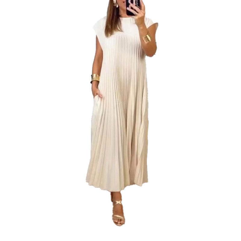 GUJI—302 Elegant Sleeveless Pleated Maxi Dress With Round Neckline