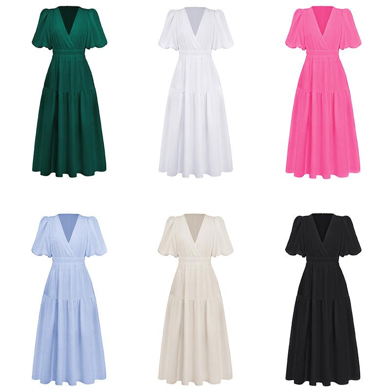 GUJI—327 Summer New High-End Deep V-Neck Puff Sleeve Vacation Dress