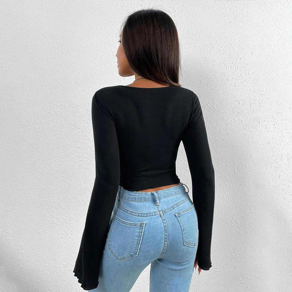 GUJI—-88 Women's Vacation V-Neck Flared Sleeve Irregular Waist Knit Long Sleeve T-Shirt Topfashion white tanktop slim-fitting fashion basic tanktop