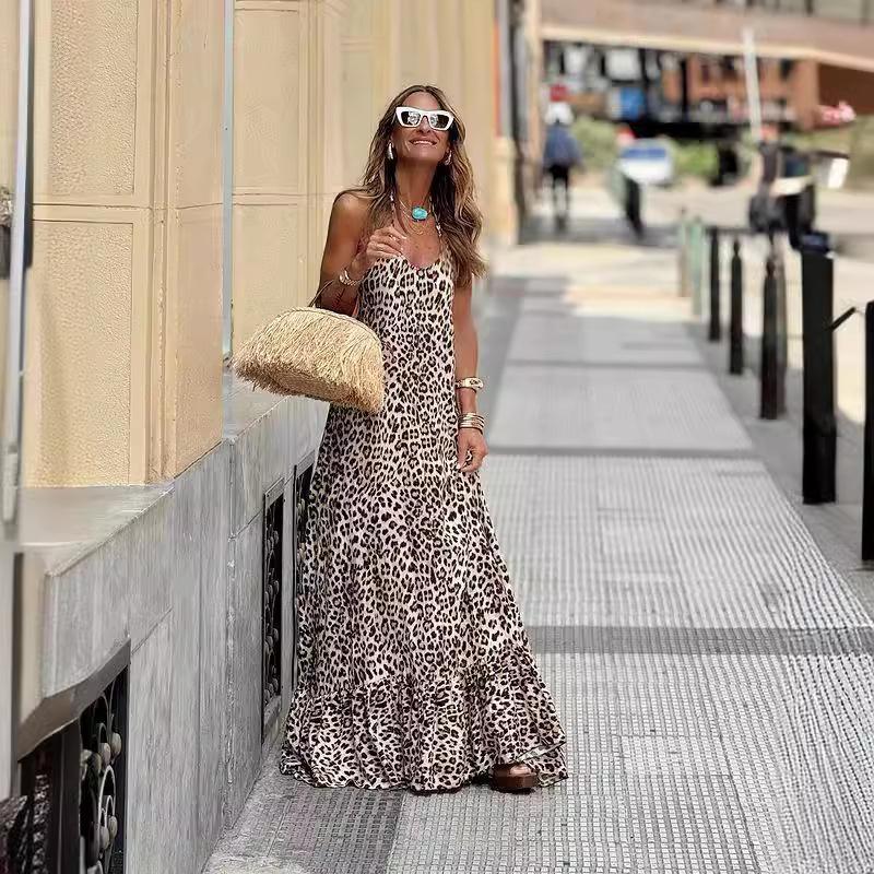 GUJI—115 Leopard Print V-Neck Halter Backless Sexy Maxi Dress Nice Dressfashion Goddess Dress Occasion Dress ballgown she in chic women