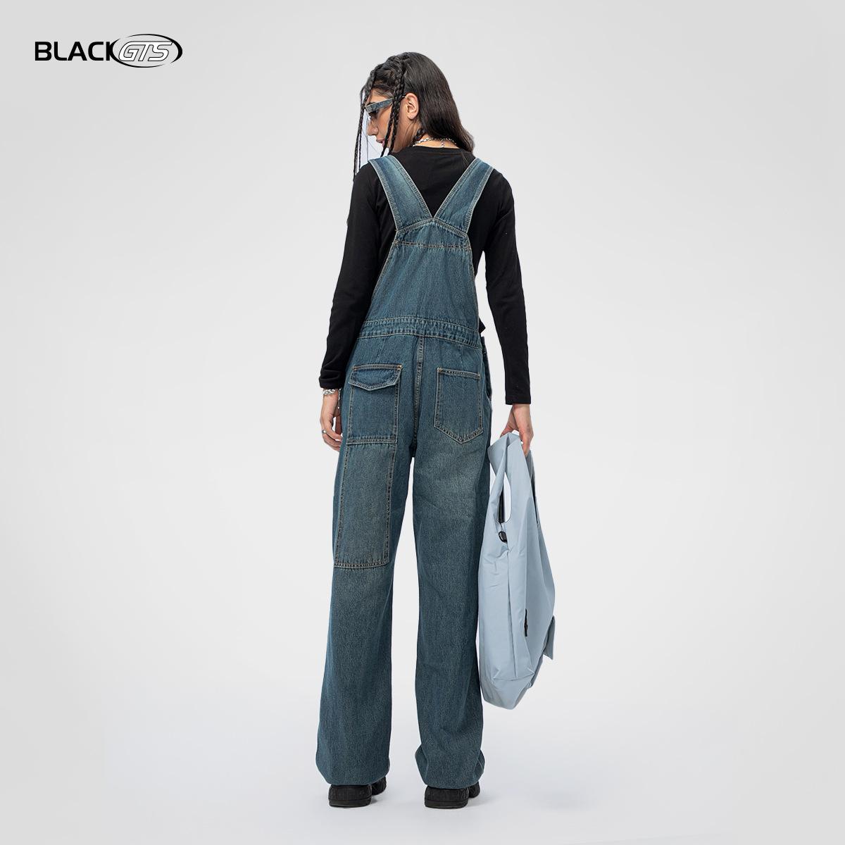 GUJI—179 Women's Loose Fit Denim Overalls With Multiple Pockets, Wide-Leg Autumn Suspender Pants Denim Cargos Fashion