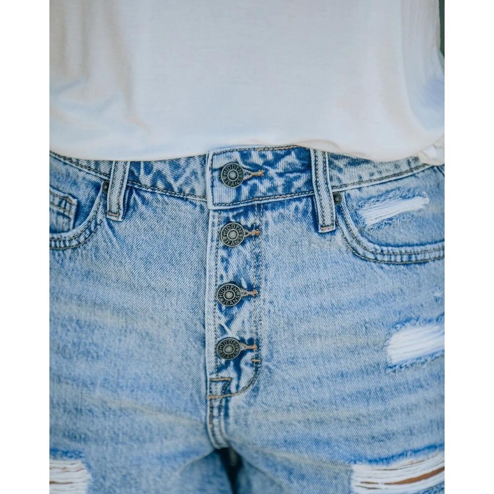 GUJI-- S-394 Mid-Rise Button-Fly Distressed Denim Shorts For Women