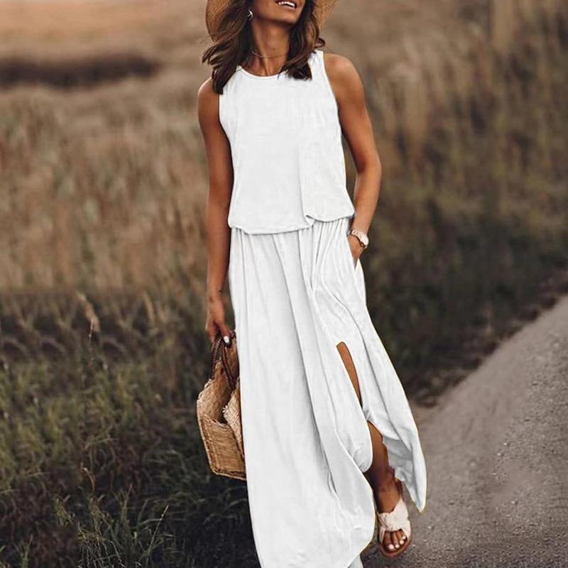 GUJI—331 Simple Sleeveless Round Neck Slit Dress