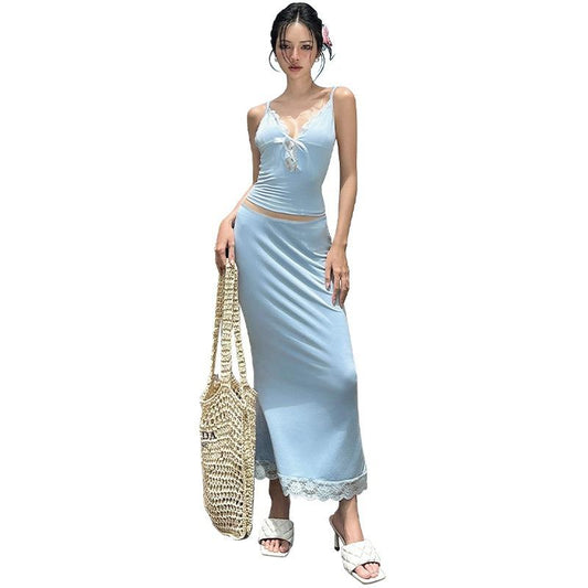 GUJI—399 Summer Sweetheart Spaghetti Strap Top And Fishtail Skirt Set