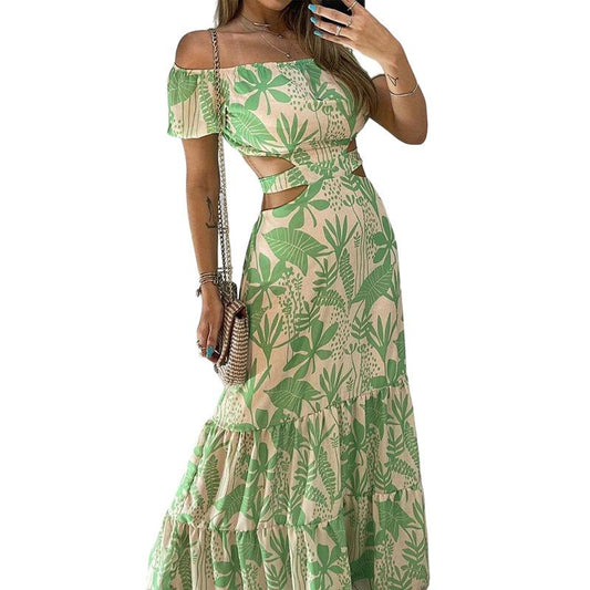 GUJI—301 Elegant Off-Shoulder Floral Print Dress With Lace-Up Detail And Full Skirt