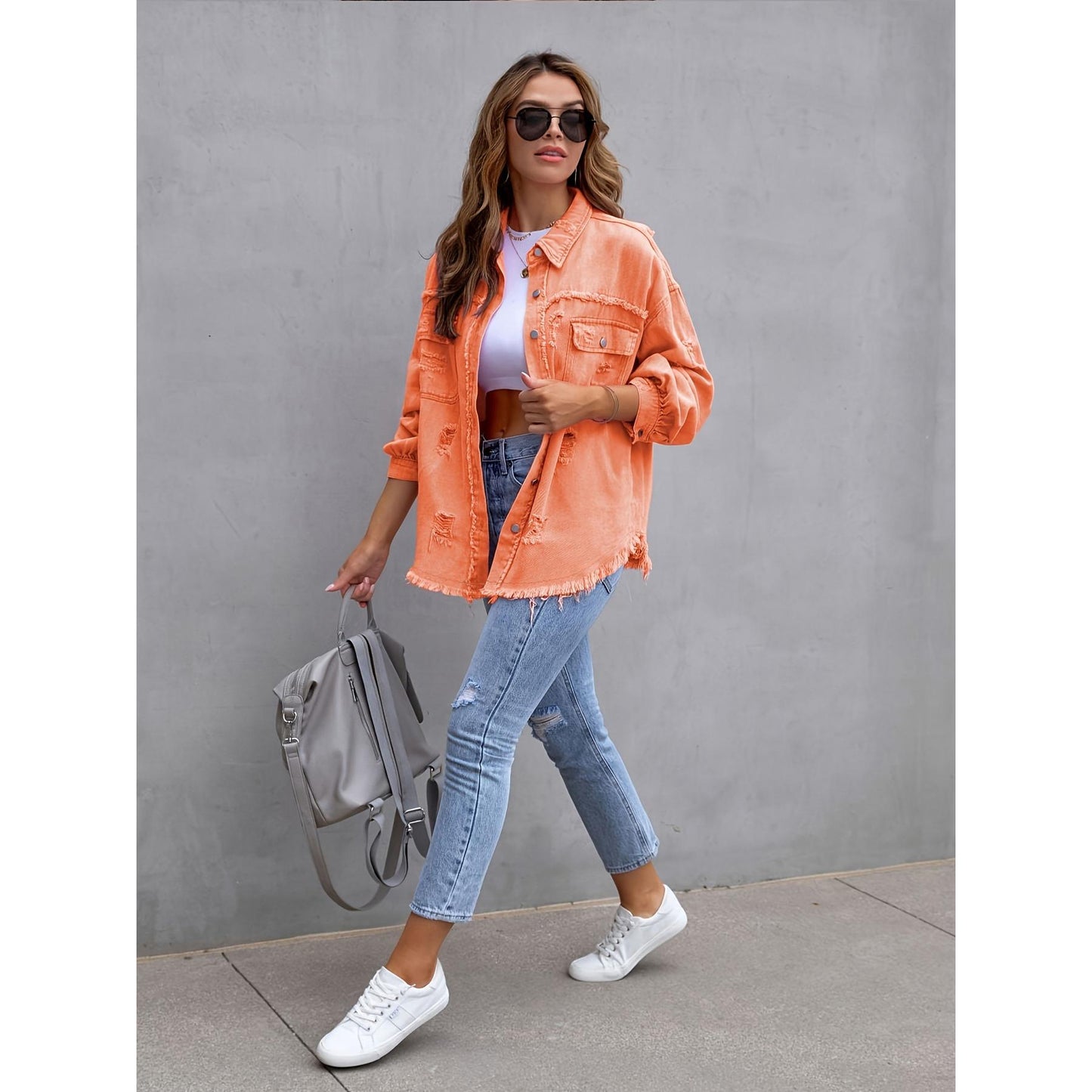 GUJI—321 Solid Color Distressed Mid-Length Long-Sleeve Denim Jacket For Women baggy denim jacke