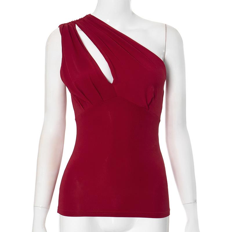 GUJI—373 Red One-Shoulder Ruched Cutout Slim Fit Top slim-fitting fashion halter solid