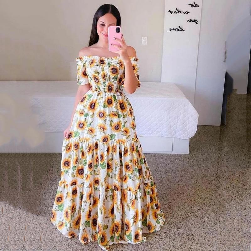 GUJI—245 Off-Shoulder Floral Maxi Dress vestido basic spaghettistrap dress