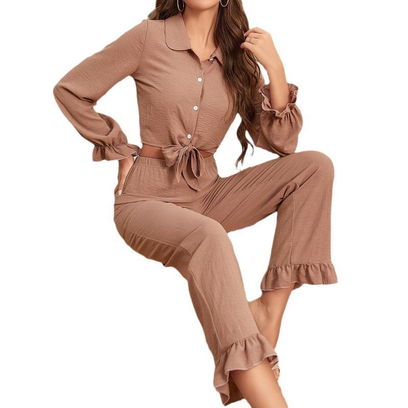 GUJI—278 Women's Ruffle Trim Cardigan And Pants Pajama Set - Autumn/Winter Loungewear Pajamas Sleepwear