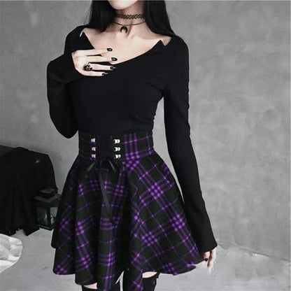 GUJI—4 Plaid Skirt With Irregular Ribbon Waist, Girls Slimming A-Line Skirt For Women Fashion