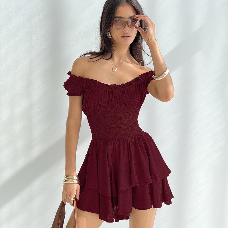 GUJI—126 Summer New Woven Solid Color Off-Shoulder Ruched Waist Casual Dressfashion Date Dress oy s beauty