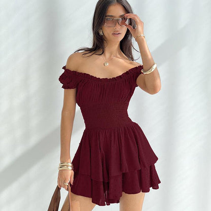 GUJI—126 Summer New Woven Solid Color Off-Shoulder Ruched Waist Casual Dressfashion Date Dress oy s beauty