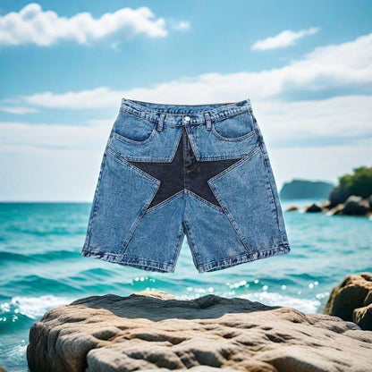 GUJI—233 Fashion Street Style Loose Color-Block Star Patch Denim Shorts