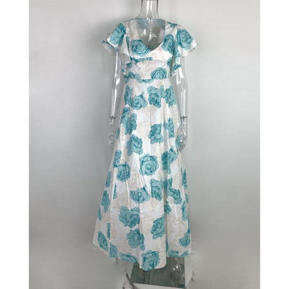 GUJI—299 Summer Floral Print V-Neck Cinched Waist A-Line Dress