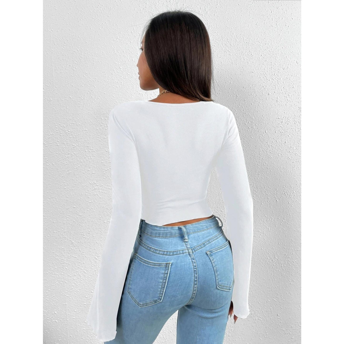 GUJI—-88 Women's Vacation V-Neck Flared Sleeve Irregular Waist Knit Long Sleeve T-Shirt Topfashion white tanktop slim-fitting fashion basic tanktop