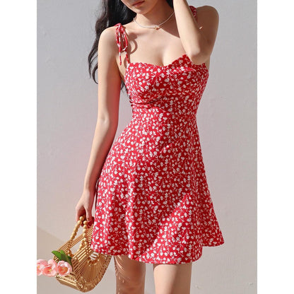 GUJI—7 Women's Sexy Summer Low-Cut Tie-Strap A-Line Mini Beach Dress Pretty Dress Fashion halter regular casual dresses