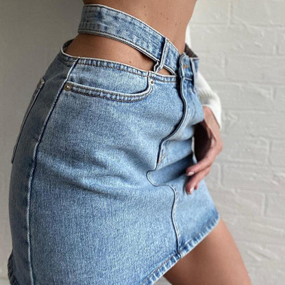 GUJI—-79 New Style Single Side Hollow Out Denim Half Skirt Cropped Denimfashion Distressed Denim Fitted Fashion Midi Skirt cropped denim wrangler jeans unisex pants