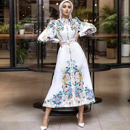 GUJI—29 Women's Printed Mid-Waist Long Dress With Fashionable Lantern Sleeves And Turn-Down Collar Pretty Dress Fashion church outfits