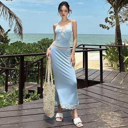 GUJI—399 Summer Sweetheart Spaghetti Strap Top And Fishtail Skirt Set