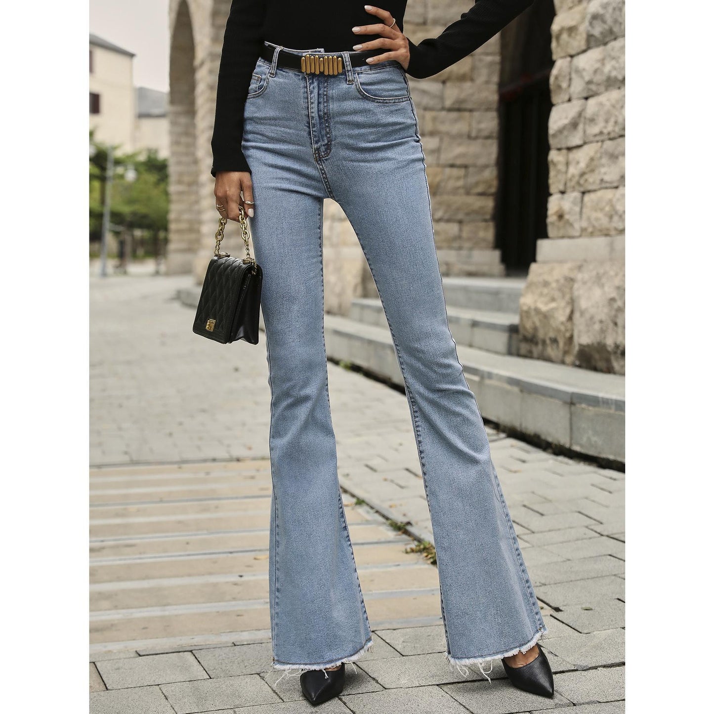 GUJI—191 High-Waisted Spring And Autumn New Style Flared Wide-Leg Elastic Slimming Patchwork Denim Bell-Bottom Pants Fashion teacher clothes