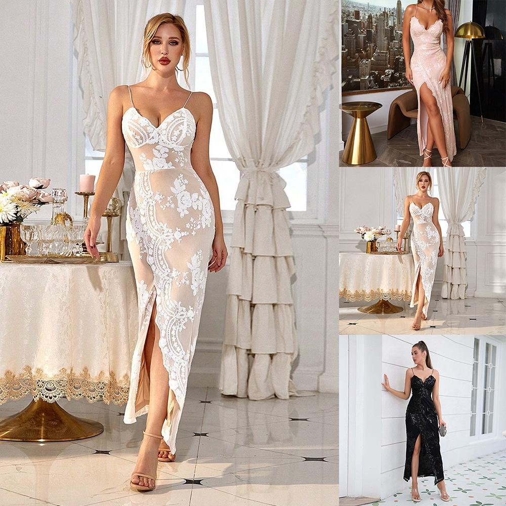 GUJI—61 Sequined Evening Gown With Slit Skirt, Bodycon Fit, Beaded Embroidery, Cross Split, Backless Halter Long Dressfashion Goddess Dress Occasion Dress plain party formal dresses