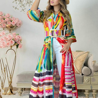 GUJI—244 2024 New Colorful Printed Tie-Waist Long Shirt Dress - Loose Open Cardigan Maxi Dress