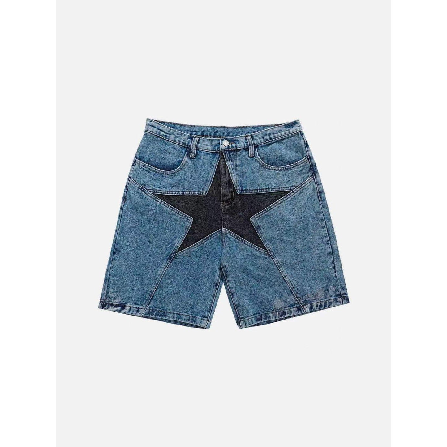 GUJI—233 Fashion Street Style Loose Color-Block Star Patch Denim Shorts