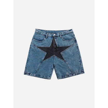 GUJI—233 Fashion Street Style Loose Color-Block Star Patch Denim Shorts