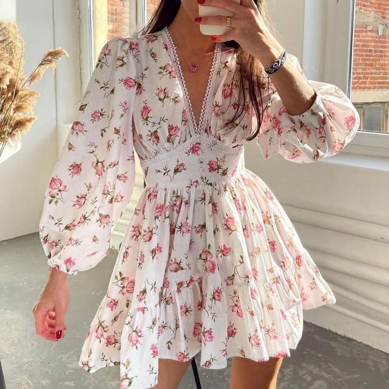 GUJI—288 Summer Women's New Fashion Export Quality Sweet Floral Print V-Neck Cropped Dress