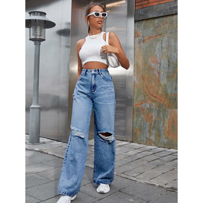 GUJI—175 INS Fashion High-Waisted Wide-Leg Distressed Denim Pants Distressed Denim Fashion unisex pants